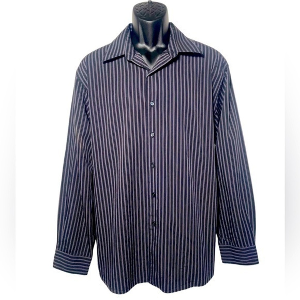 BCBG Attitude Men LS‎ Button Shirt Sz XL 17 34/35 Black Stripped Modern Fit